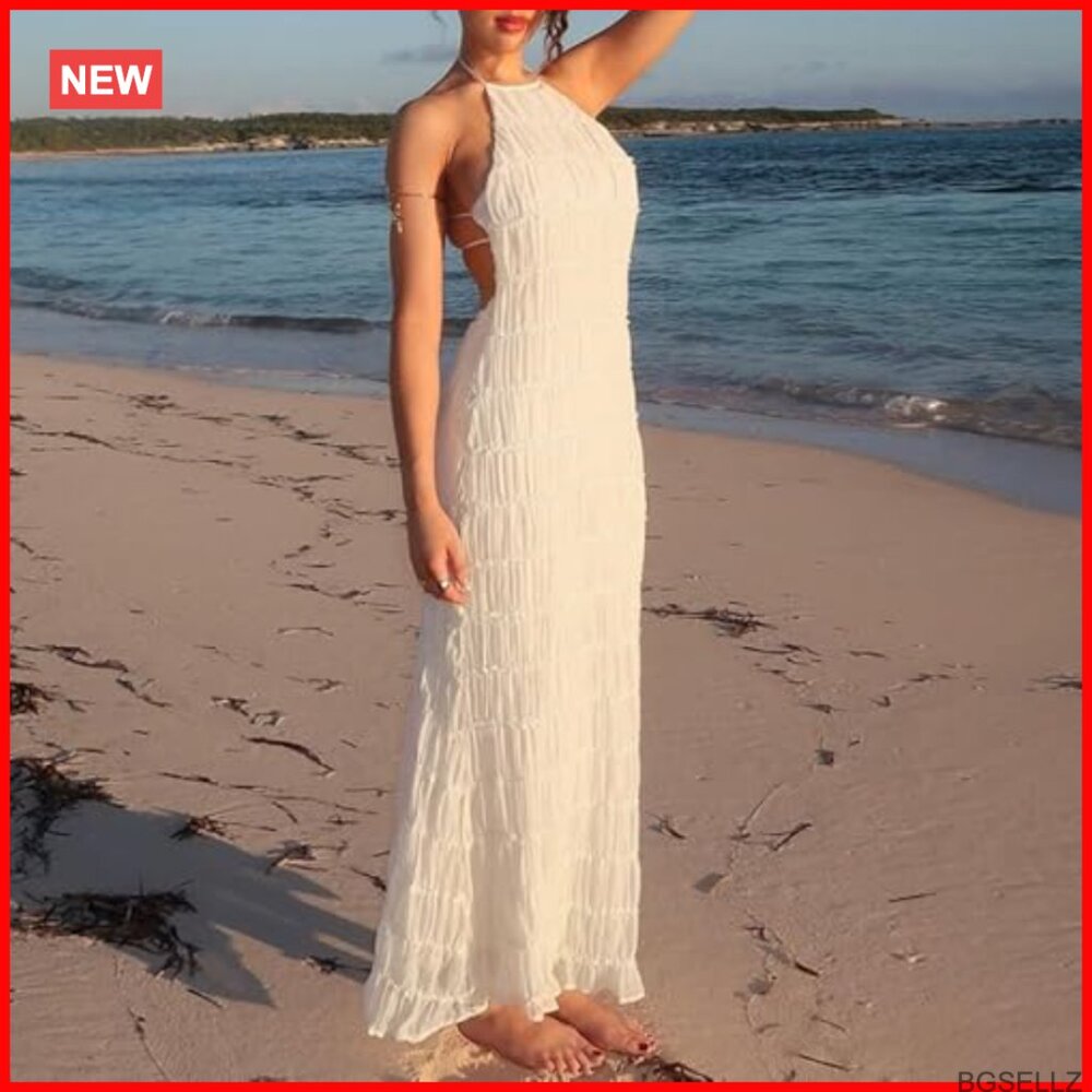 Polyester Textured Halter Backless Maxi Dress For… - image 4